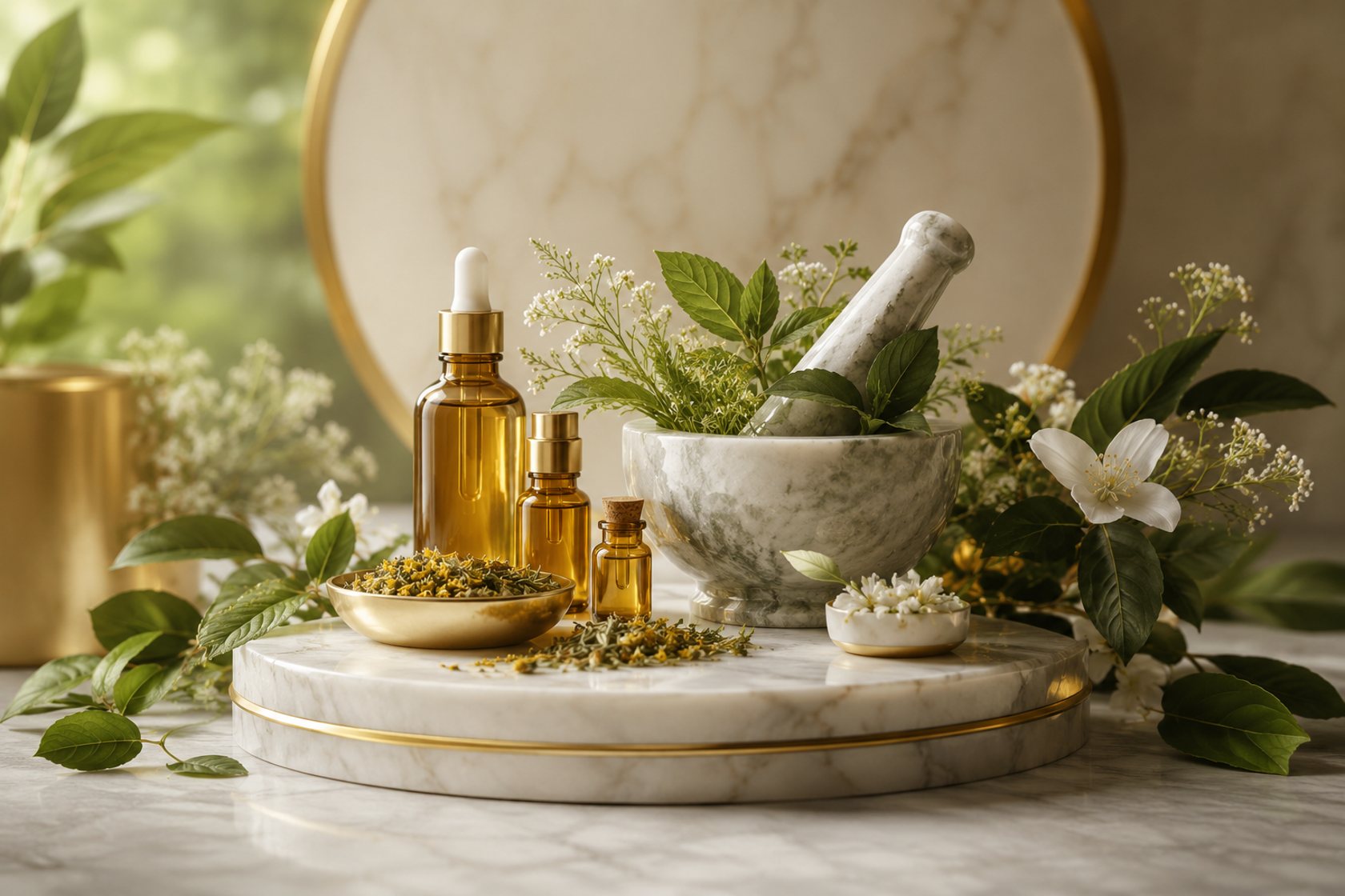 Erbe, marmo e oro — un rituale di benessere naturale